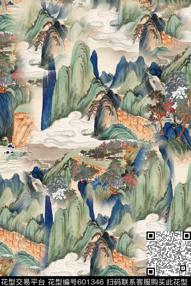 山水画 - 601346 - 山川 风景 - 数码印花花型 － 女装花型设计 － 瓦栏