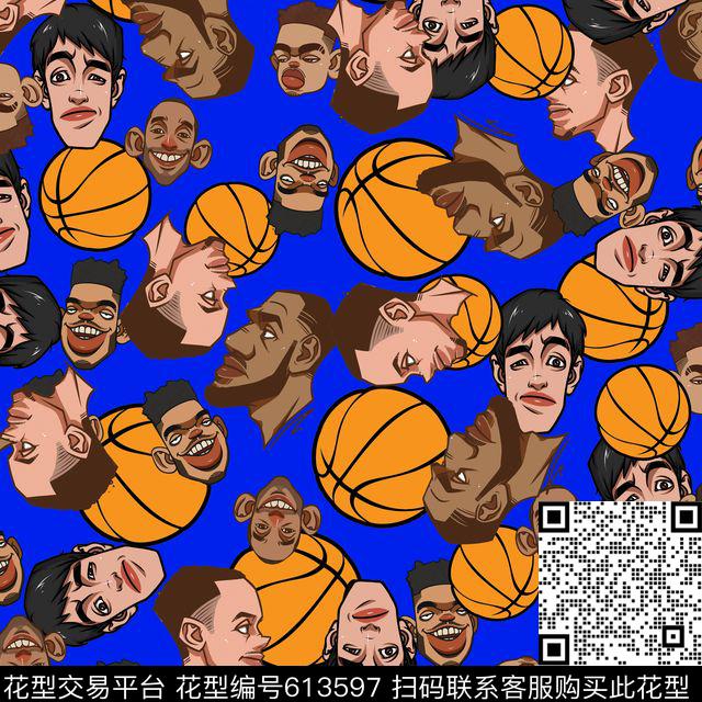 篮球明星蓝.jpg - 613597 - 篮球明星人像 - 数码印花花型 － 男装花型设计 － 瓦栏