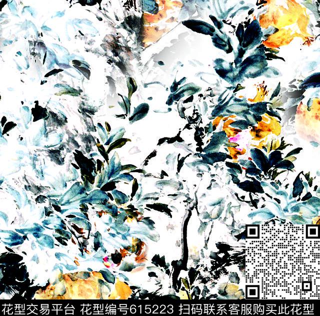 笔黑花卉 黄色.jpg - 615223 - 花卉 中国风 水墨 - 数码印花花型 － 女装花型设计 － 瓦栏