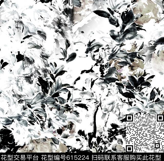 笔黑花卉 灰色.jpg - 615224 - 花卉 中国风 水墨 - 数码印花花型 － 女装花型设计 － 瓦栏