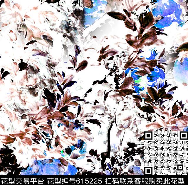 笔黑花卉 蓝色.jpg - 615225 - 花卉 中国风 水墨 - 数码印花花型 － 女装花型设计 － 瓦栏
