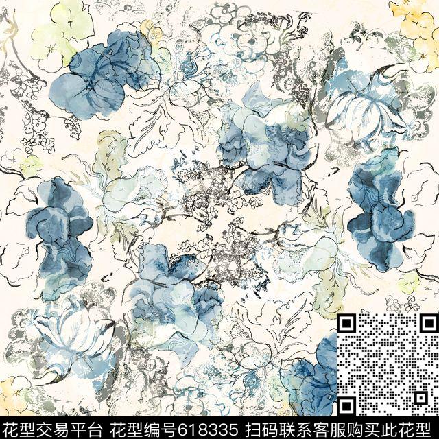 544.jpg - 618335 - 花卉 水墨 手绘 - 数码印花花型 － 方巾花型设计 － 瓦栏