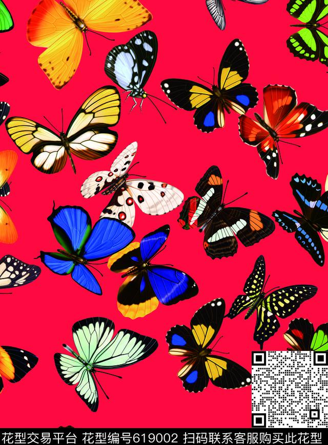 多姿多彩的蝴蝶 红色.jpg - 619002 - 蝴蝶 生物 彩色蝴蝶 - 数码印花花型 － 女装花型设计 － 瓦栏