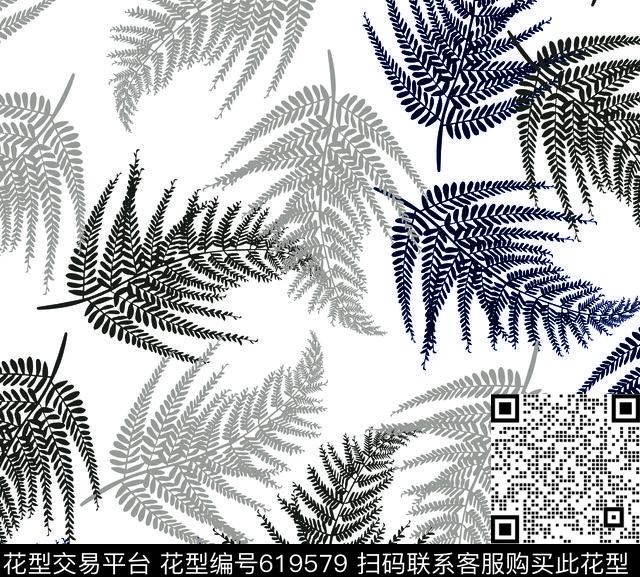 高清叶子 白色.tif - 619579 - 热带 叶子 树叶 - 传统印花花型 － 女装花型设计 － 瓦栏