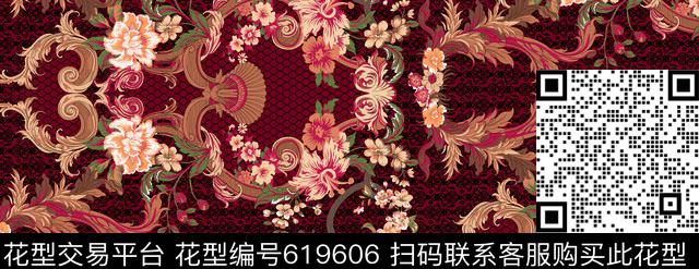 欧式复古花纹 深红.tif - 619606 - 花纹 花卉 格子 - 数码印花花型 － 女装花型设计 － 瓦栏