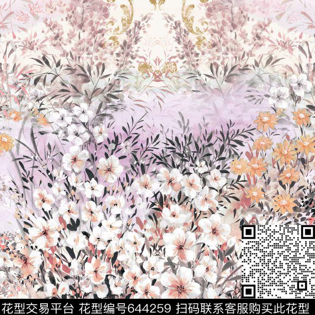 91094A.tif - 644259 - 手绘花 花卉 - 数码印花花型 － 窗帘花型设计 － 瓦栏