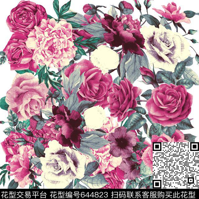 127-1.jpg - 644823 - 欧美潮流 复古玫瑰花 时尚方巾 - 数码印花花型 － 方巾花型设计 － 瓦栏