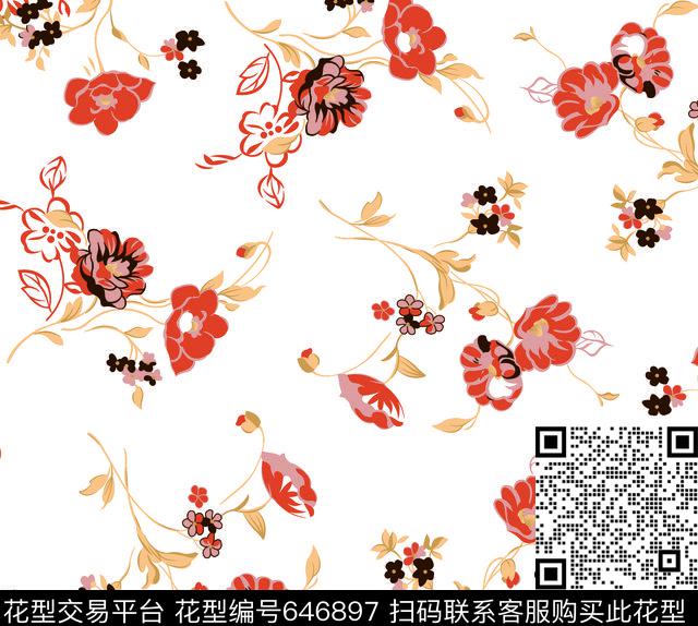 小花朵 红色.tif - 646897 - 花朵 小碎花 花卉 - 传统印花花型 － 女装花型设计 － 瓦栏