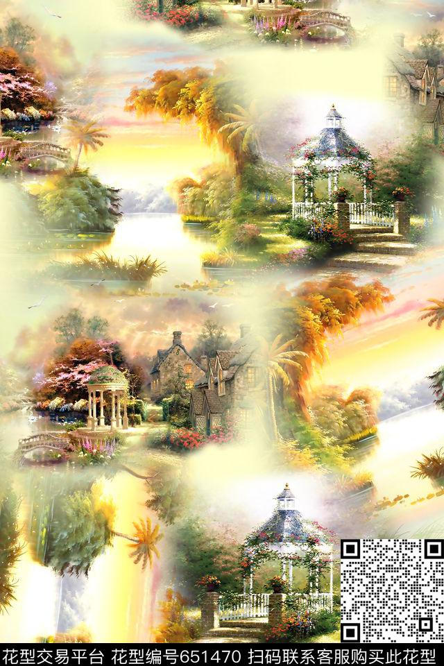 国外花园风景.jpg - 651470 - 风景 花园 油画 - 数码印花花型 － 女装花型设计 － 瓦栏