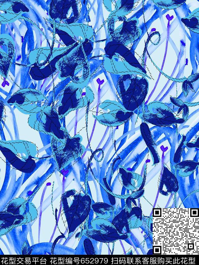 20-时尚蓝色手绘花心叶子印花.jpg - 652979 - 时尚、手绘、花卉 - 数码印花花型 － 女装花型设计 － 瓦栏