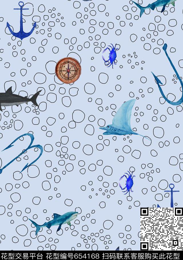 140.jpg - 654168 - 水彩鲨鱼 船锚 指南针 - 数码印花花型 － 男装花型设计 － 瓦栏
