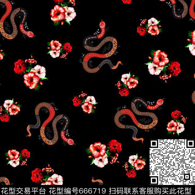 蛇花卉.jpg - 666719 - 男装花卉 花朵 花卉 - 数码印花花型 － 男装花型设计 － 瓦栏