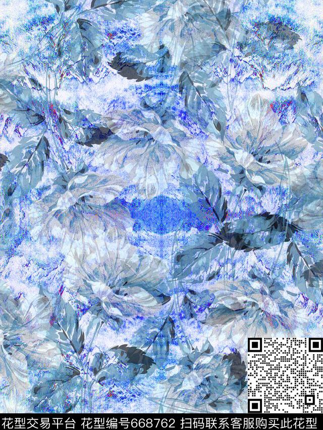 65-复古蓝色花朵云层印花.jpg - 668762 - 花朵 复古 蓝色 - 数码印花花型 － 女装花型设计 － 瓦栏
