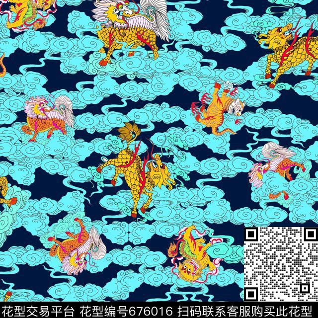 吉祥麒麟祥云黄.jpg - 676016 - 神话 云纹 图腾 - 数码印花花型 － 女装花型设计 － 瓦栏