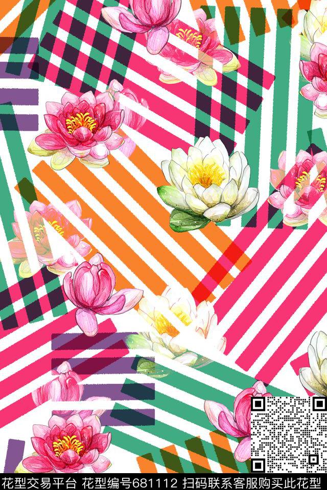 2016073001-a.jpg - 681112 - 五彩条纹 几何 手绘花卉。荷花 - 数码印花花型 － 泳装花型设计 － 瓦栏