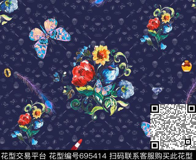 0824手绘画.jpg - 695414 - 花卉 蝴蝶 化妆品 - 数码印花花型 － 女装花型设计 － 瓦栏