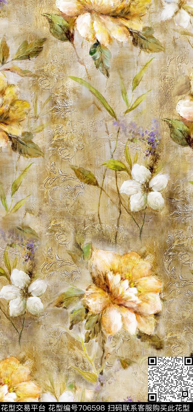 油画花卉.jpg - 706598 - 油画花卉 复古花卉 花卉 - 数码印花花型 － 沙发布花型设计 － 瓦栏