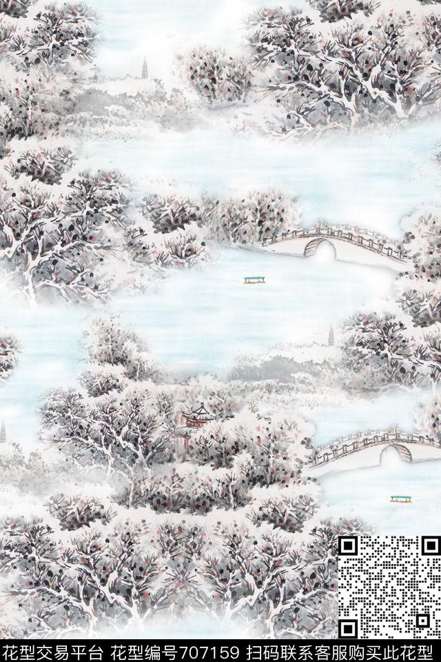 断桥残雪1.jpg - 707159 - 断桥残雪 中国风 国画风景 - 数码印花花型 － 女装花型设计 － 瓦栏