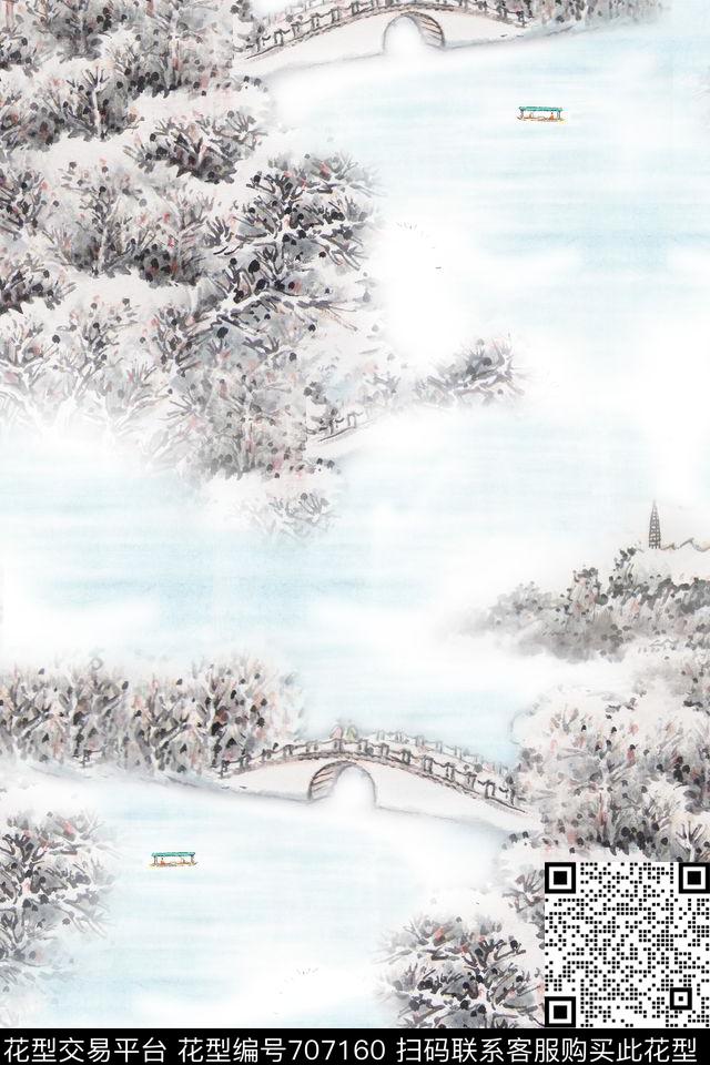 断桥残雪2.jpg - 707160 - 断桥残雪 中国风 国画风景 - 数码印花花型 － 女装花型设计 － 瓦栏