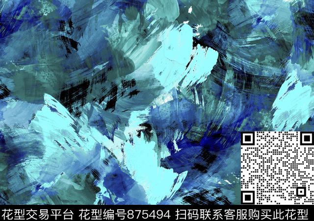 brush strokes-v1 index.jpg - 875494 - 几何形状穿插花卉 靛蓝色 清爽底花卉 - 数码印花花型 － 女装花型设计 － 瓦栏