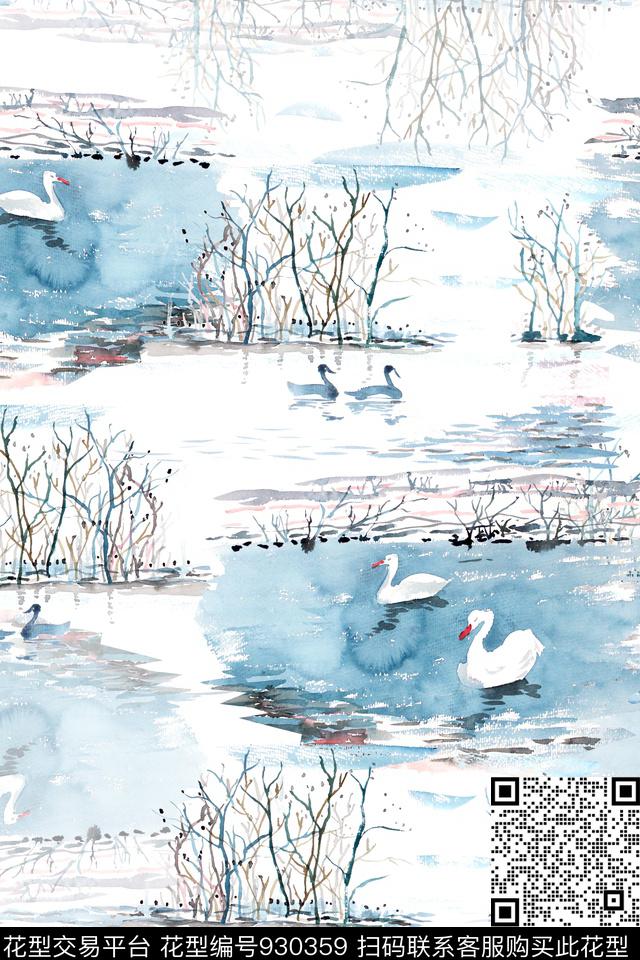 天鹅湖.jpg - 930359 - 数码花型 田园 艺术 - 数码印花花型 － 女装花型设计 － 瓦栏