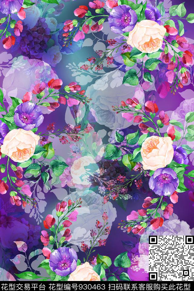 20170904 colorful floral.jpg - 930463 - 彩底花卉 手绘花卉 中老年 - 数码印花花型 － 女装花型设计 － 瓦栏