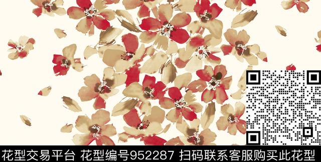 17646_non repeat-v1 index.jpg - 952287 - 水彩花卉 手绘大花 暖色 - 传统印花花型 － 床品花型设计 － 瓦栏