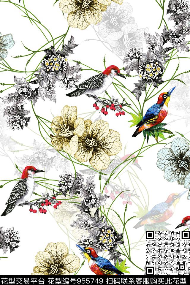 画意.jpg - 955749 - 黑白花型 鸟 手绘花卉 - 数码印花花型 － 女装花型设计 － 瓦栏