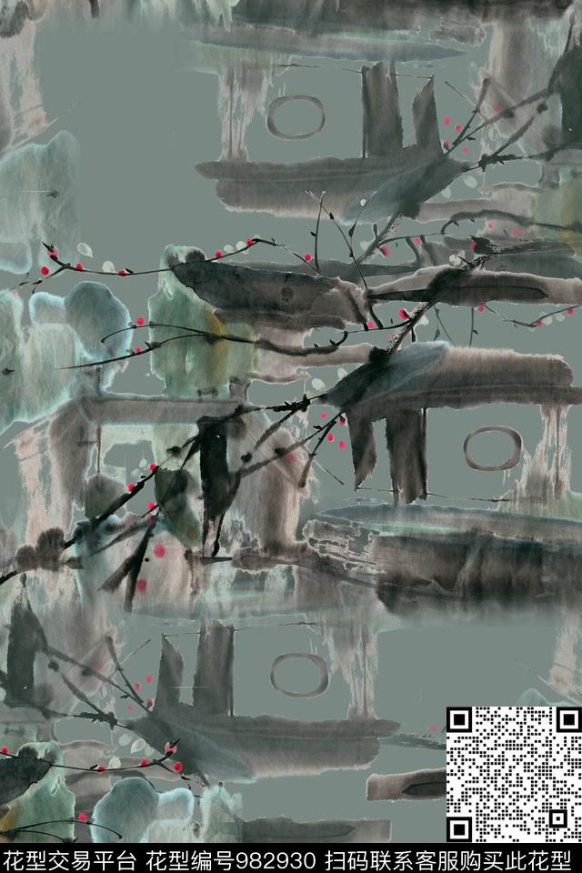 水墨江南1.jpg - 982930 - 数码花型 素雅 水墨风 - 数码印花花型 － 女装花型设计 － 瓦栏
