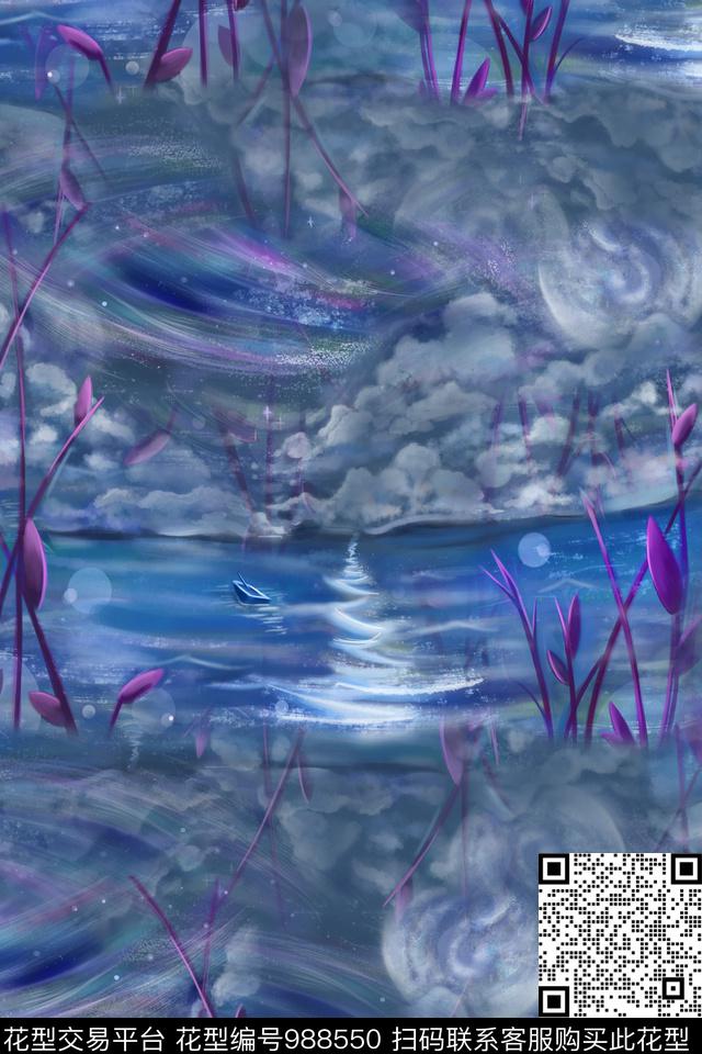 月夜湖泊.jpg - 988550 - 数码花型 素雅 女装 - 数码印花花型 － 女装花型设计 － 瓦栏