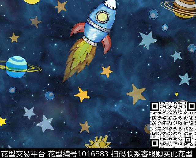 星空之旅-青.jpg - 1016583 - 数码花型 男装 宇宙 - 数码印花花型 － 童装花型设计 － 瓦栏