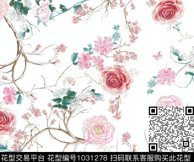 fj117 .jpg - 1031278 - 数码花型 春夏花型 白底花 - 数码印花花型 － 女装花型设计 － 瓦栏