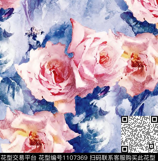 R1808075.jpg - 1107369 - 手绘大花 玫瑰花 月季花 - 数码印花花型 － 女装花型设计 － 瓦栏