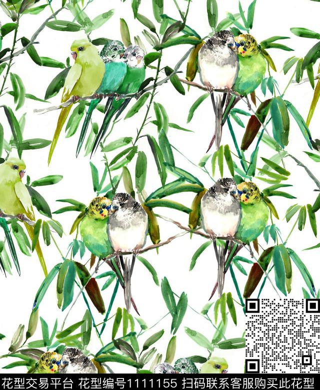 R1808123A.jpg - 1111155 - 花鸟 鹦鹉 绿植树叶 - 数码印花花型 － 女装花型设计 － 瓦栏