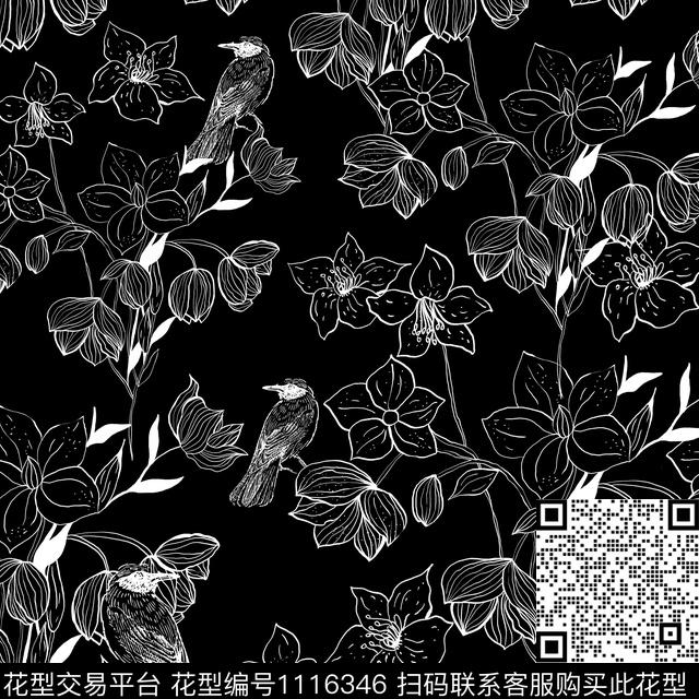 zghh1.jpg - 1116346 - 清爽底花卉 PRADA 黑白花型 - 传统印花花型 － 女装花型设计 － 瓦栏