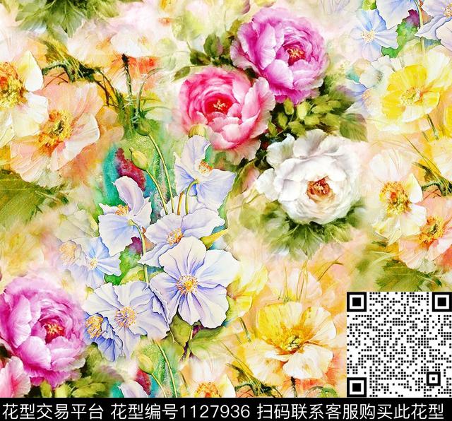 zj-039.jpg - 1127936 - 花卉 彩底花卉 水彩花卉 - 数码印花花型 － 女装花型设计 － 瓦栏