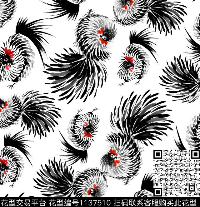 R1703023.jpg - 1137510 - 国画 抽象男装 公鸡 - 数码印花花型 － 男装花型设计 － 瓦栏