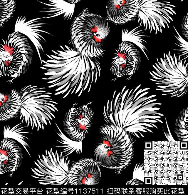 R1703023A.jpg - 1137511 - 国画 抽象男装 公鸡 - 数码印花花型 － 男装花型设计 － 瓦栏