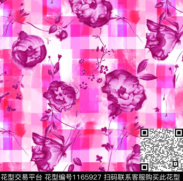 11-红格子花.jpg - 1165927 - 花卉 格子 几何 - 数码印花花型 － 女装花型设计 － 瓦栏