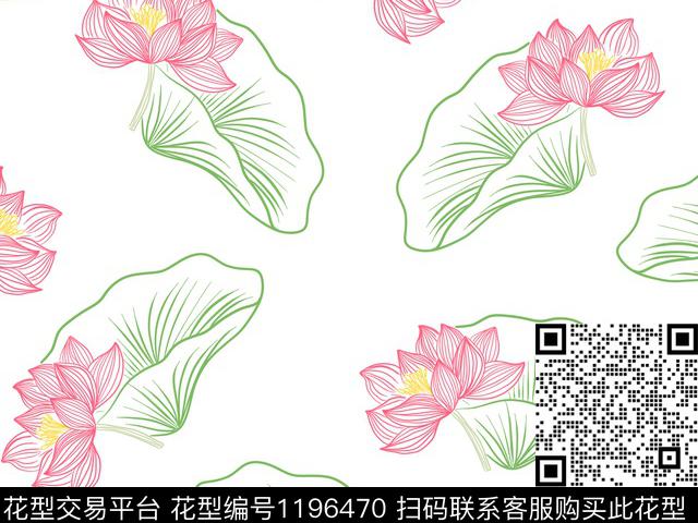 190414-1.jpg - 1196470 - 线条画 荷花 美丽 - 传统印花花型 － 女装花型设计 － 瓦栏