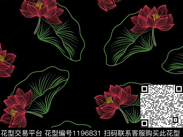 190414-2.jpg - 1196831 - 线条画 荷花 美丽 - 传统印花花型 － 女装花型设计 － 瓦栏