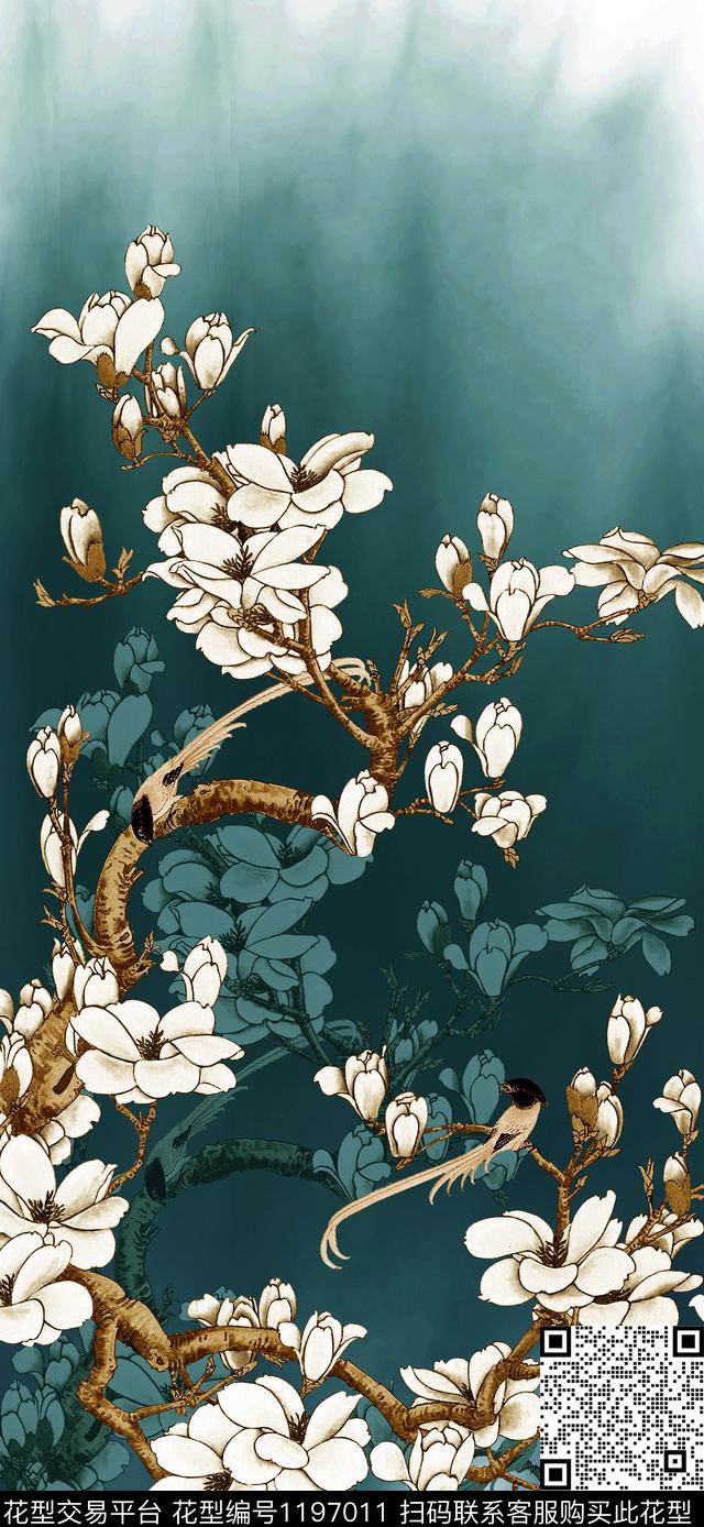 R1812031.jpg - 1197011 - 家纺 中国风定位花 玉兰花 - 数码印花花型 － 床品花型设计 － 瓦栏