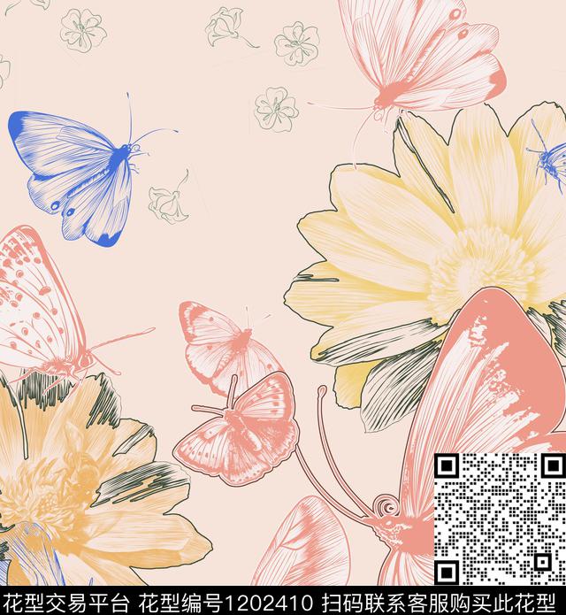 蝴蝶A.jpg - 1202410 - 花卉 北欧 床品 - 数码印花花型 － 床品花型设计 － 瓦栏