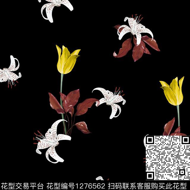 guan037.jpg - 1276562 - 百合 黑底花卉 绿植树叶 - 数码印花花型 － 女装花型设计 － 瓦栏