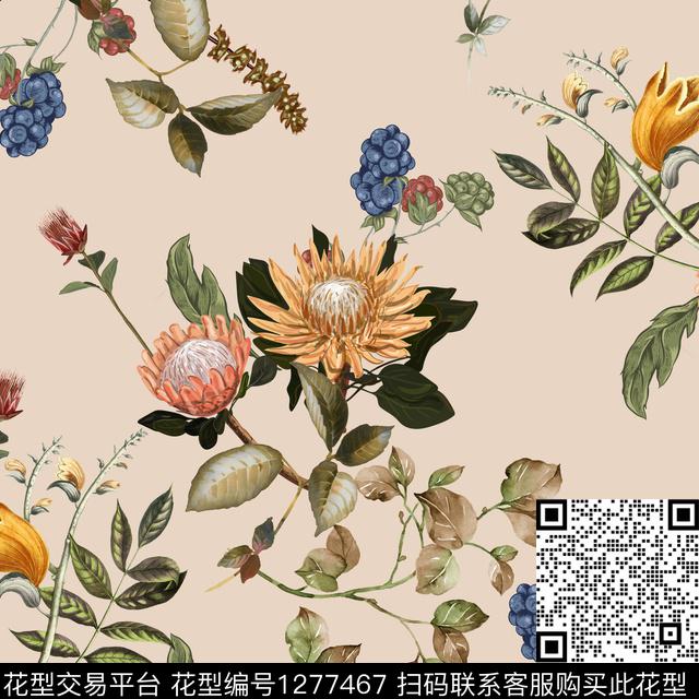 guan055.jpg - 1277467 - 复古 绿植树叶 米色底 - 数码印花花型 － 女装花型设计 － 瓦栏