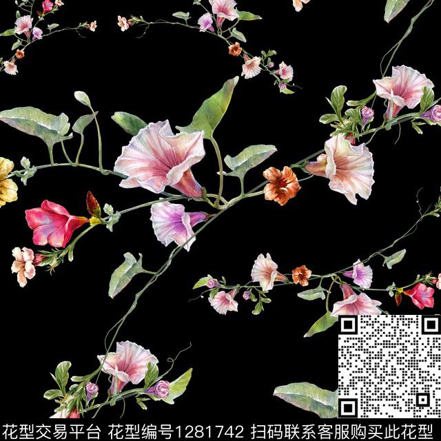 guan150.jpg - 1281742 - 花卉 黑底花卉 绿植树叶 - 数码印花花型 － 女装花型设计 － 瓦栏