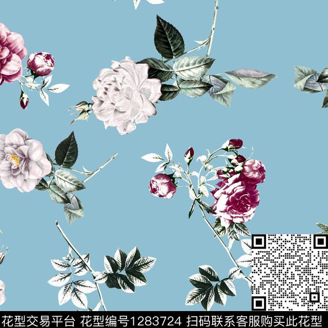 guan210.jpg - 1283724 - 花卉 天蓝底 绿植树叶 - 数码印花花型 － 女装花型设计 － 瓦栏