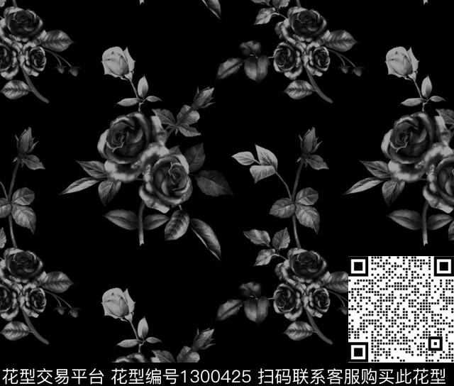 玫瑰花满身印黑底.jpg - 1300425 - 黑底花卉 玫瑰花 花卉 - 数码印花花型 － 男装花型设计 － 瓦栏