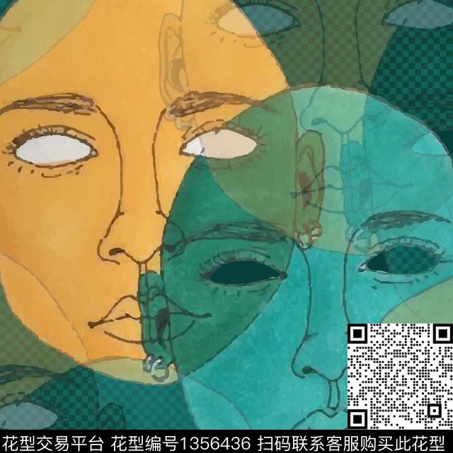 未标题-1.jpg - 1356436 - 插画 卡通人物 线条 - 数码印花花型 － 方巾花型设计 － 瓦栏