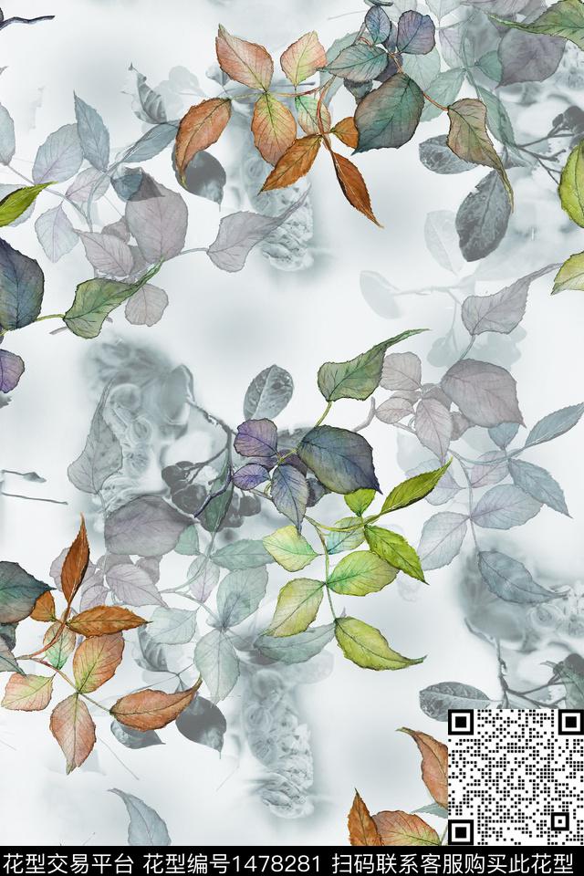 XZ3070.jpg - 1478281 - 时尚 真丝 绿植树叶 - 数码印花花型 － 女装花型设计 － 瓦栏